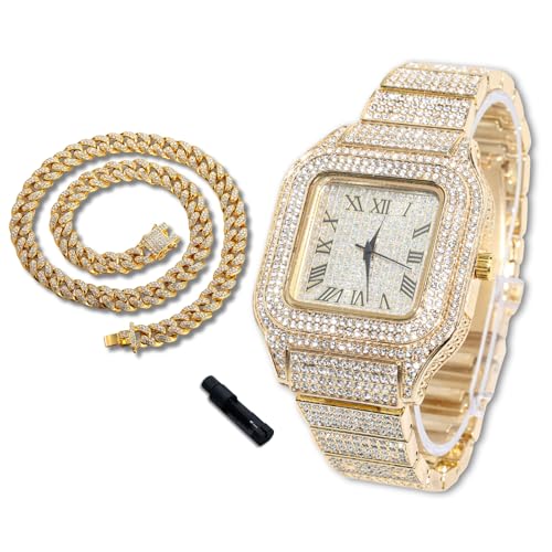 Montre diamant ado cadran carré de 40 mm et chaîne cubaine en option
