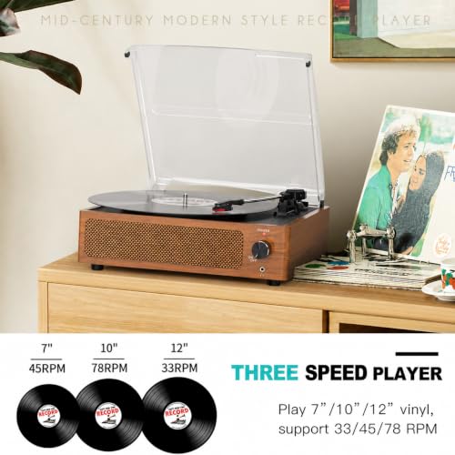 Image of Seasonlife Vinyl Record Player with Speakers,Retro Brown Vintage Turntable