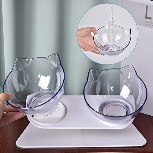 Cat Raised Stand Double Transparent Plastic Bowl,Pet Feeding Bowl | Pet Food Water Feeder Bowl for Cats and Dogs ，Cute Cat Face Double Bowl 15 Degree Tilted Design Neck Guard (Double Bowl)