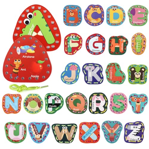 Vodolo 26 Pieces Lacing Cards Travel Sewing Kit for Kids Letters Sequencing Threading Toy Double Sided Fine Motor Skills Learning Toys Classroom Supplies