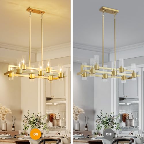 Image of WUZUPS Island Rectangle Chandelier 8-Light with Clear Glass Industrial Modern Farmhouse Linear Light Fixture for Dining Room Kithen Island, Width 33.5 inch Height 12.6 inch, Gold