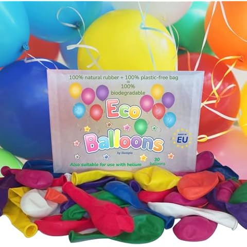 Large Biodegradable Party Balloons Pack of 30 Suitable for Helium - 12" multi-coloured Rainbow Balloons - Eco-friendly Balloons Made of 100% Natural Rubber and Packed in Biodegradable Packaging Cover