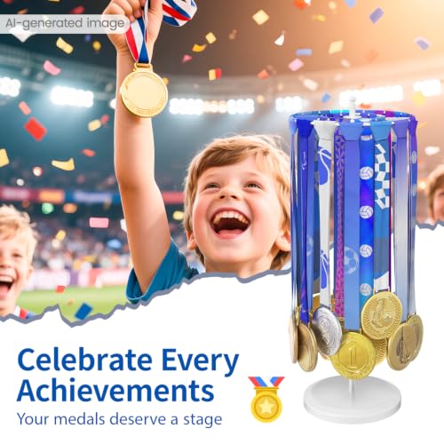 Image of Medal Holder Display Trophy Shelf Organizer, Sturdy Wooden Race Award Hanger Rack with 25 Steel Hooks, Wall Mount Storage Stand for Sports Fans, Cheer Success