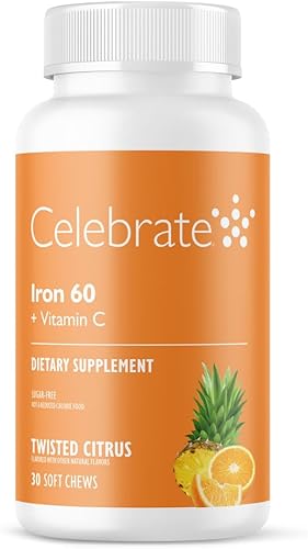 Celebrate Vitamins Hierro bariátrico con vitamina C 60 mg de hierro suave masticable, sabor cítrico torcido, 30 unidades Vitaminas bariátricas