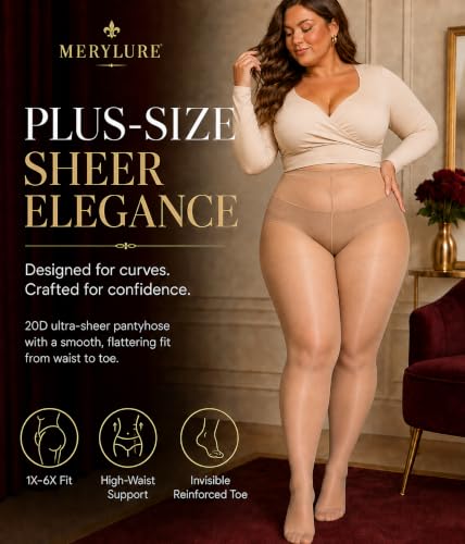 Image of MERYLURE Plus Size Sheer Tights for Women,20D Control Top Pantyhose Reinforced Toes High Waist Stockings 3 Pairs 1XL-6XL
