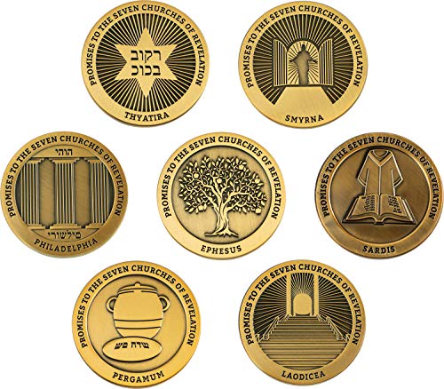 Seven Churches of Revelation Challenge Coin, Pack of All 7 Coins, Signs of the End Times & Promises to the 7 Churches Collectible Bible Verse Token, Christian Religious Antique Gold Plated Prayer Gift