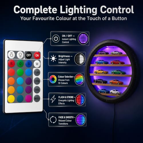 Image of Wall-Mounted Tyre Display Shelf with 16-Colour LED Remote, 24 Inch (Multilights)