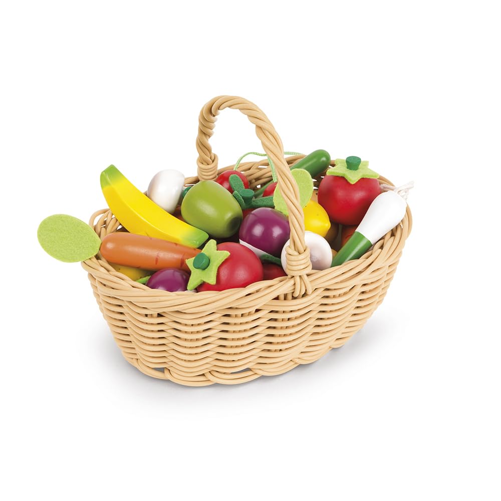 Janod - 24-Piece Fruits and Vegetables Basket - Imitation Shopping Basket - Ideal for Playing Merchandising - From 3 Years Old, J05620
