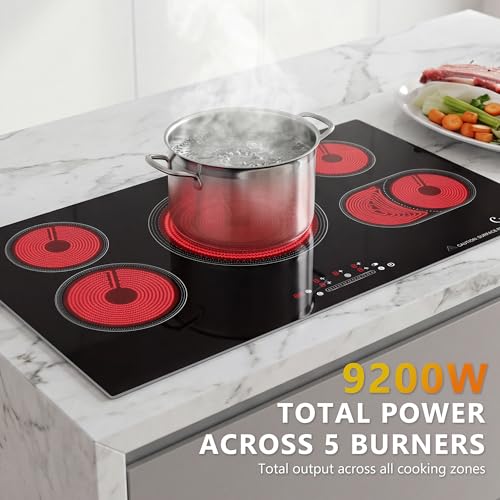 Image of 36 Inch Electric Cooktop, 5 Burner Built-In Ceramic Glass Stove Top, 9200W | 36-inch built-in radiant cooktop with 5 zones, 9200W, ceramic glass, touch control, and 220-240V wiring.