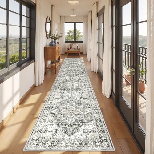 Hallway Runner Rug 2x12, Extra Long Washable Runner Rugs with Rubber Backing, Non Slip Runner, Vintage Rug Runners for Kitchen Laundry Room Entryway (Grey/Beige,2'x12')