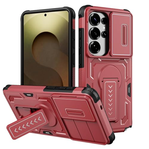 Étui pour Samsung S25 rouge avec cache caméra coulissant et support rigide en silicone antichoc