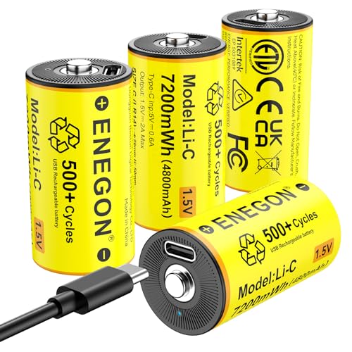ENEGON 4er-Pack Wiederaufladbar C/LR14 Batterien 1.5V 7200mWh Lithium-Ionen Akkus mit USB-C Schnellladekabel Ideal für CD-Player Radios Taschenlampen Camping-/Notlichter Kinderspielzeug