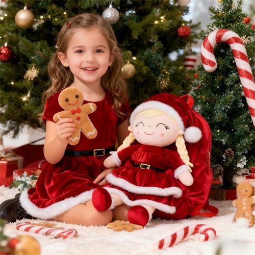 Image of Gloveleya Plush Backpacks Toddler Backpack Removable Doll and Backpack Christmas Gifts Baby Girl Gift For 2 to 8 Years Girl Birthday Gifts With Red Doll