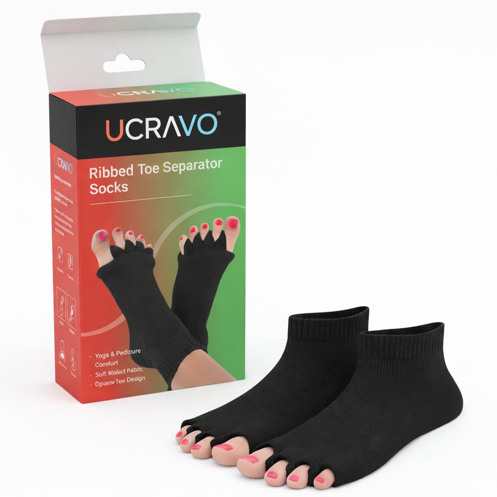 UCRAVO Ribbed Toe Separator Socks for Yoga, Pedicure & Foot Alignment | Open Toe Five Finger Socks for Toe Stretching, Bunion Relief, Balance & Foot Comfort | Soft Breathable Fabric | Black-image-17