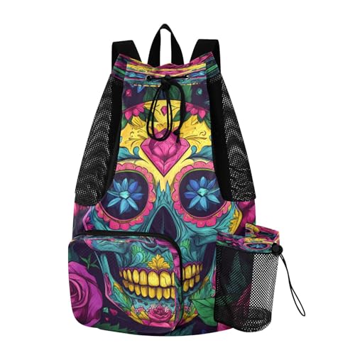 Mesh Gym Swimming Bags for Men & Women, Sugar Skull Rose Diamond Large Drawstring Backpack with Dry-Wet Pocket, Lightweight Gym Bag for Sports, Travel, Beach, Workout Gear