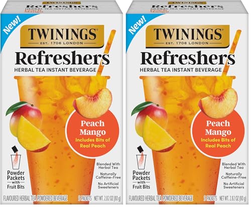 Image of NEW Twinings Peach Mango Refreshers, Herbal Tea Instant Beverage with Real Peach Fruit Bits, 5 Count (Pack of 2), Cafe Style, No Artificial Sweeteners, Naturally Caffeine-Free Refreshment, 5 Packets