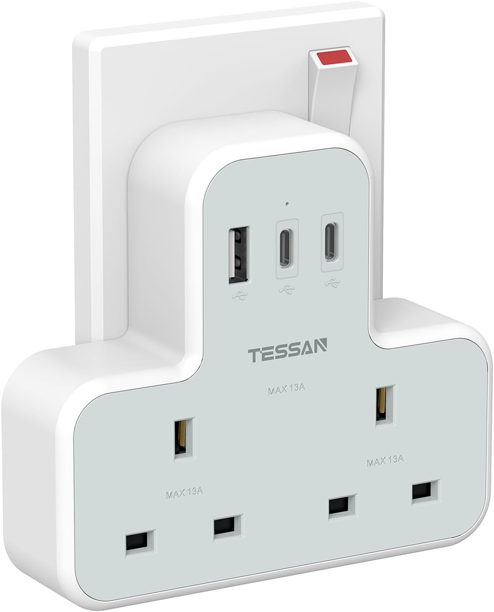 Plug Extension Socket with 3 USB, TESSAN Double Plug Adaptor UK, 2 Way Adapter with USB C Charger, MultiPlug Adaptor Compatible for Room, Office and Kitchen Supplies