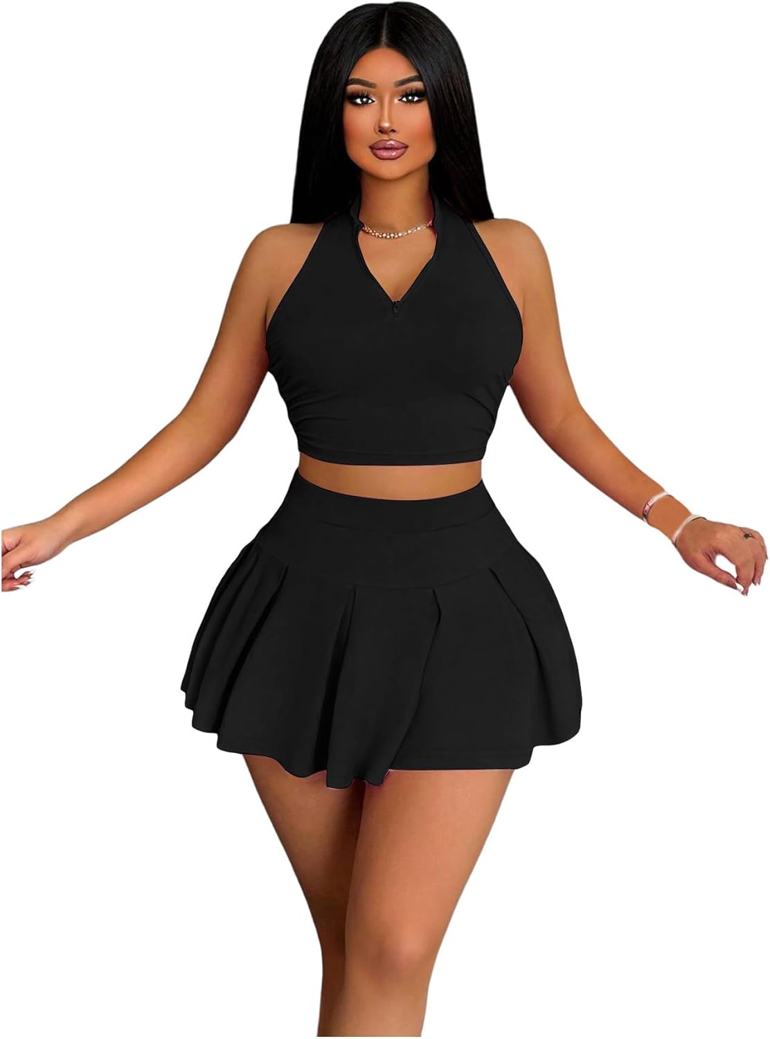 Women's 2 Piece Tennis Skirt Set Sleeveless Racerback Crop Tank Tops High Waisted Pleated Mini Skirt Outfits