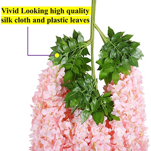 Image of Tdas Artificial Flower Wisteria Hanging Vine for Home Decoration Plants Plastic Flowers Decor Items Decorative Bunch Creepers Garlands Leaves Wedding Room, 110 CM (Light Pink, 6 Pieces)