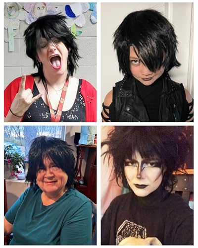 Image of Rose bud Anime Halloween Dark Black Wig for Cosplay Party Synthetic Layered Short Hair Wigs with Bangs Pastel Funny Wigs for Women Men