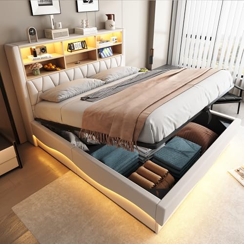 LAKFEW Camas Matrimoniales 180x200 cm con USB y Luz LED, Cama Matrimonio con Espacio de Almacenamiento Hidráulico y Compartimentos Abiertos, Cama Doble con Sommier Metálico, Beige, Sin Colchon