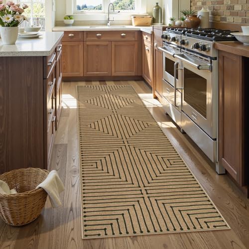 Lahome Geometric 2x8 Runner Rug, Neutral Non Slip Kitchen Entryway Runner