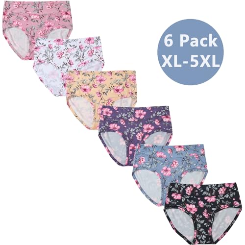 Image of Womens Underwear XL-5XL Plus Size Ladies Panties Mid High Waist Briefs for Woman Floral Print Pantys 6-Pack