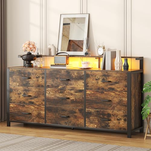 Frmobepts 63'' Rustic Brown Dresser for Bedroom, 9 Drawer Dresser with Power Outlet and Led Lights, Bedroom Furniture with Wooden Drawer and Metal Frame, TV Stand with Deep Drawer Storage