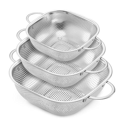 E-far 3 Pack Colander for Kitchen Square Stainless Steel Metal Strainer Colander with Handle for Draining Food Pasta Vegetable Micro-Perforated & Elevated Feet Dishwasher Safe(2.4/4/6QT)