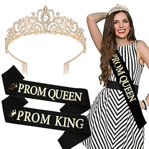 Prom King and Queen Crown Set, Prom King and Queen Sashes Gold Queen Crown, Prom Decorations School Prom, Graduation Party School Party Accessories, Black Satin Sash with Gold Print
