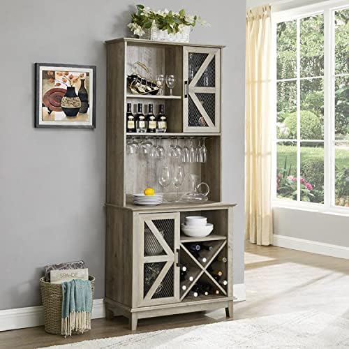 Home Source Sideboard Microwave Stand, bar cart 72" | Kitchen Pantry with Microwave Stand, Open Shelves, Mesh Doors | Includes Wine/Bottle Rack
