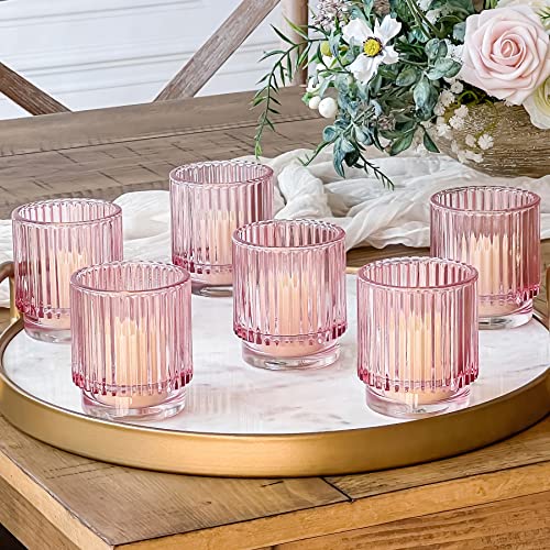 Blush Pink Vintage Ribbed Glass Tealight Votive Candle Holders by Kate Aspen (Set of 6), Pink Decor, Boho Decor, Shelf Decoration, Rose Gold Look | Perfect Hostess Gift by Kate Aspen - Used condition - US$18.35