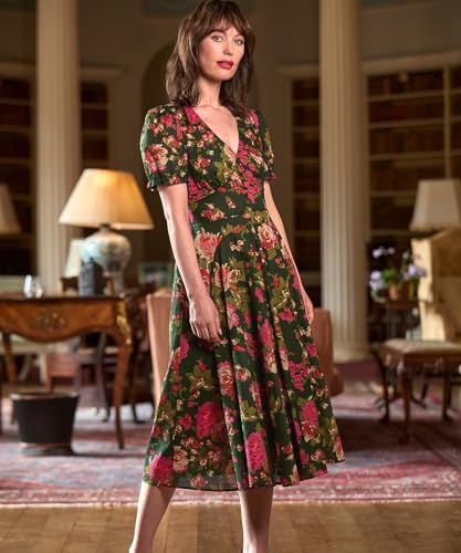 Joe Browns Vintage Floral V-Neck Puff Sleeve Midi Dress Casual Women's Dress  (Pack of 1), Green : Amazon.com.be: Fashion