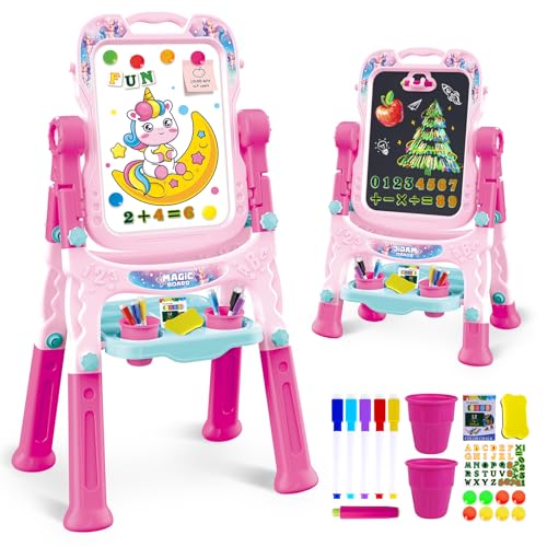 Pizarra de malta infantil para niños, altura ajustable, doble cara, giratoria, caballete, pizarra para colorear con accesorios de pintura, pizarra preescolar para niñas a partir de 3-5 años