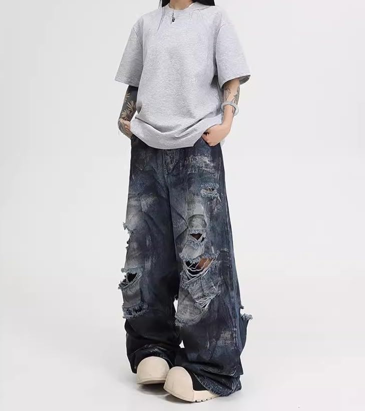 Unisex Y2K Distressed Baggy Wide Leg Jeans for Men Women - Vintage Washed Ripped Denim Streetwear Pants4