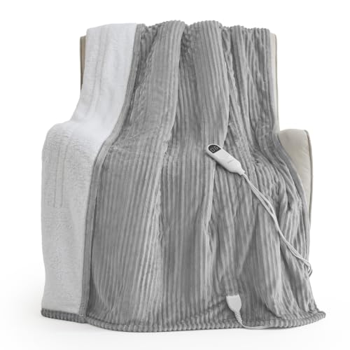 Image of Bedsure Ribbed Heated Blanket Throw XL, Preheat Electric Blanket Light Grey