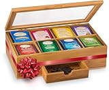 Tea Bag Organizer - Christmas Gift Bamboo Tea Box Organizer Storage Box, Tea Bag Holder with Drawer & Acrylic Window, Magnetic Lid Keeps Tea Bags Fresh - Tea Organizer Caddy (Tea Not Included)