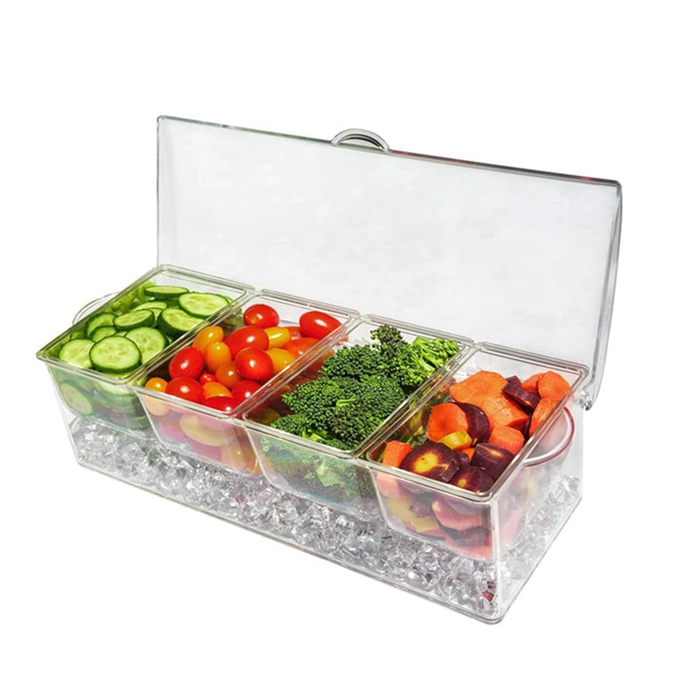 Server per condimenti raffreddato a ghiaccio con 4 contenitori separati, include vassoio e coperchi, perfetto per barbecue, feste e cene all'aperto, mantiene le salse fresche e fredde