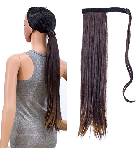 SWACC Women Long Straight/Curly Wavy Wrap Around Ponytail Extension Synthetic Hair Piece Clip in Hair extensions (Straight, Dark Brown Auburn Highlights)