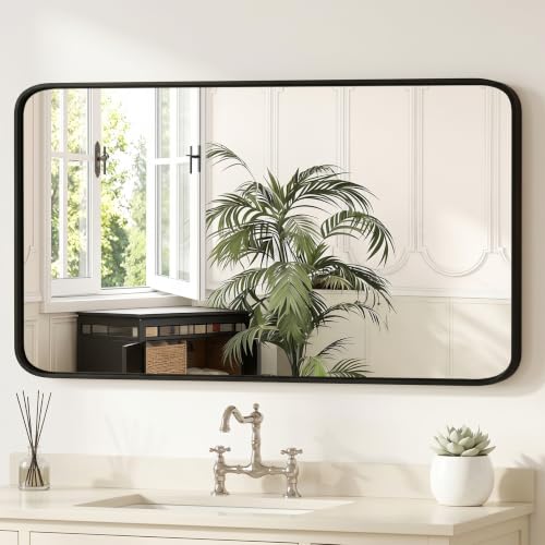 Image of Sweetcrispy Bathroom Wall Mirror, 48x30 Inch Wall Mount Mirror for Over Sink, Modern Rounded Rectangle Vanity Mirrors with Matte Metal Framed, for Home Decor, Living Room, Bedroom, Black