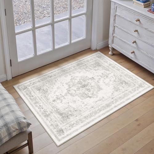 Area Rug 2x3 Washable Light Gray Rug Vintage Boho Medallion Entryway Door Mat Entrance Grey Distressed Retro Carpet Non Slip Low Pile Small Soft Doormat for Kitchen Bedroom Laundry Bathroom