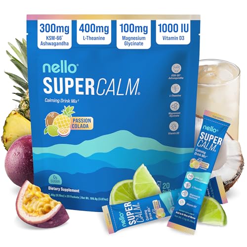 Image of Nello Supercalm Powdered Drink Mix, Cortisol Reducer* and Sleep Aid Supplement, L Theanine, Ksm-66 Ashwagandha, Magnesium Glycinate, Vitamin D 3, No Sugar, Non GMO, On The Go, 20 Ct, Passion Colada