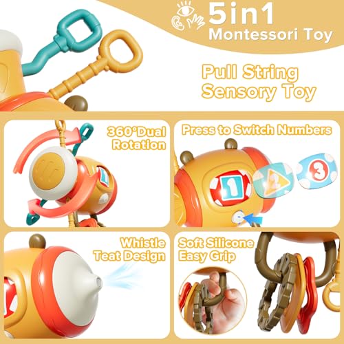 Image of 5 in 1 Montessori Busy Board Sensory Toy for Toddlers 1-3, Pull String Fidget Baby Toys 6-12 Months, Infant Carseat Plane Travel Activity, Educational Learning Birthday Gift for 1 2 Year Old Boy Girl
