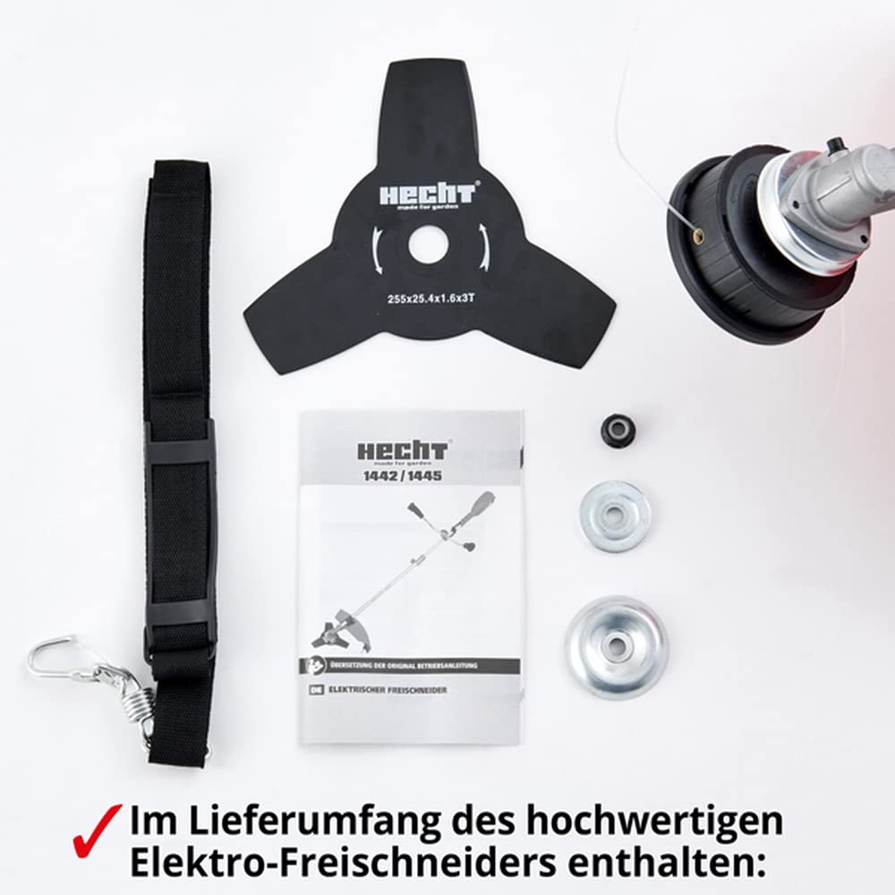 HECHT Elektro Freischneider Motorsense - leistungsstark mit 1400 Watt - 42 cm und 25,4 cm Schnittkreis - inklusive Doppel Faden Spule und Metall 3-Zahnmesser - leichte Handhabung, Antivibrationsgriff