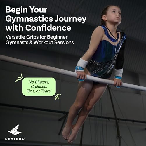LEVIERO Palmies Gymnastics Grips, Grips for Gymnastics, Multipurpose Soft Leather Grips with Adjustable Finger Holes, Weightlifting, Kettlebell, Cross Training Workouts for All Ages - (Aqua, Large)