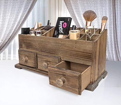 Vanity Drawer Beauty Organizer 3 Drawers - Wooden Cosmetic Storage Box for Neat & Organize Storing of Makeup Tools, Small Accessories at Home & Office Vanities & Bathroom Counter-top (Rustic Burnt)