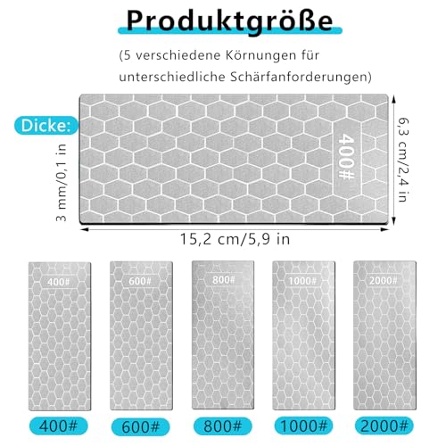 Diamant Schleifstein, 5 Stück Diamantschleifplatten, Körnung 400/600/800/1000/2000 Diamant Schleifstein Set, Diamond Stone, Schärfstein Platte Diamantplatten, Wetzstein für Messer und Werkzeuge
