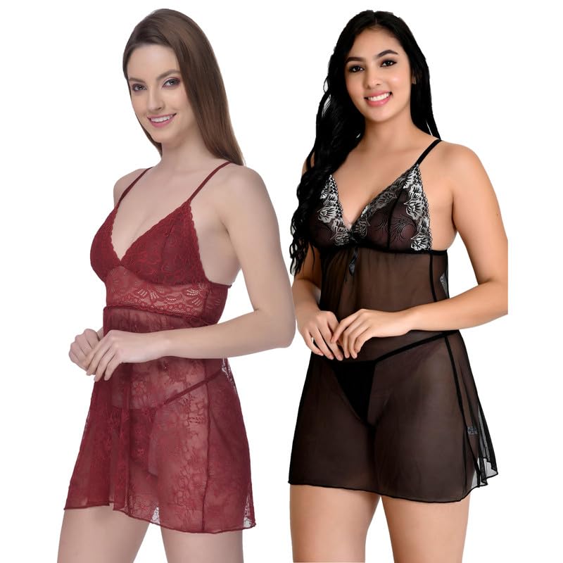 Image of Love Maker Soft Spandex Net Women Babydoll Honeymoon Nightwears Combo Small to 3XL