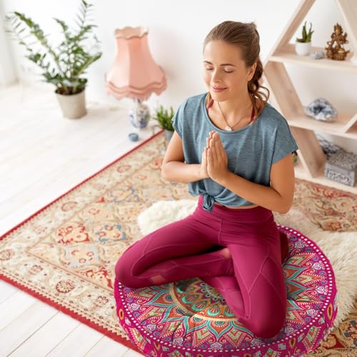 Mandala Meditation Cushion, Boho Meditation Mat, Meditation Pillows for Sitting on Floor, Cushions for Sitting in Home and Outdoor, Round Floor Pillows Cushion Seating for Yoga Accessories 22'' X 22'' - Image 3