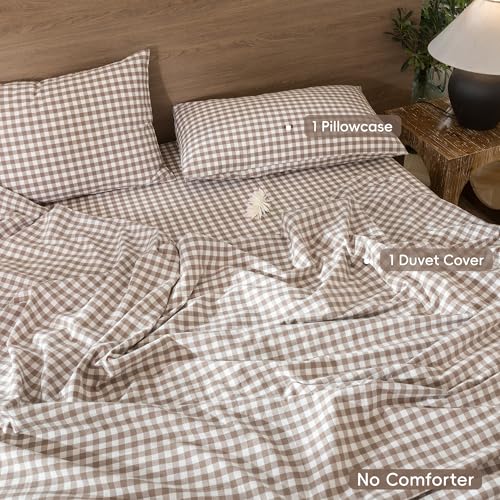 Image of MooMee Gingham Duvet Cover Set 100% Washed Cotton Linen Like Textured Breathable Durable Soft Comfy Modern Checkered Design (Brown Gingham, Twin 68 inchx90 inch)